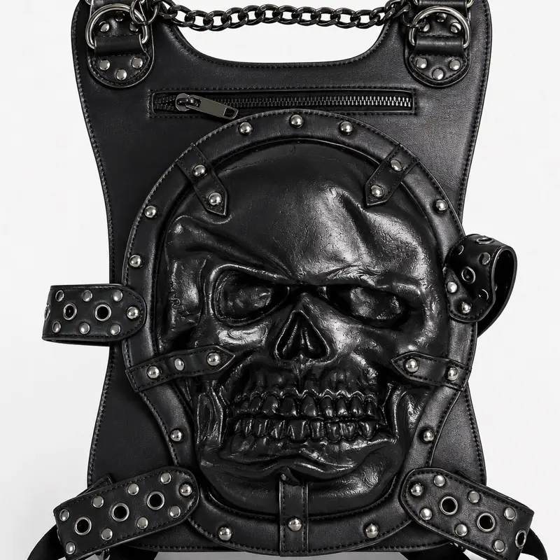 Gothic Biker Multi-Functional Traveling Backpack - Skull Print, Premium Designer Chain Detail, Black Urban Chain Pocket Luggage Bag (SKU: 3225), Chain Pocket Backpack