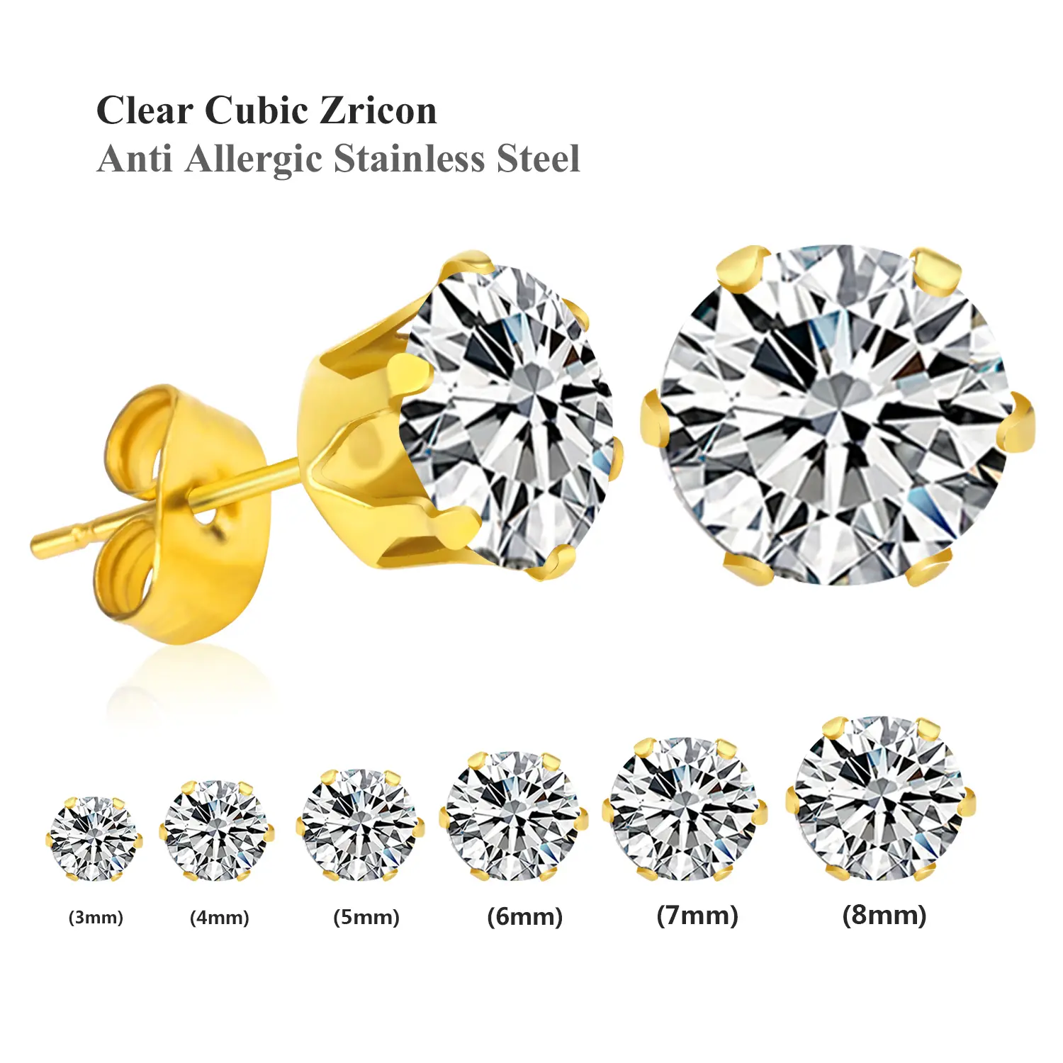 Clear Cubic Zircon Anti Allergic Stainless Steel Earrings 3mm-8mm Sizes Gold Plated Hypoallergenic Jewelry