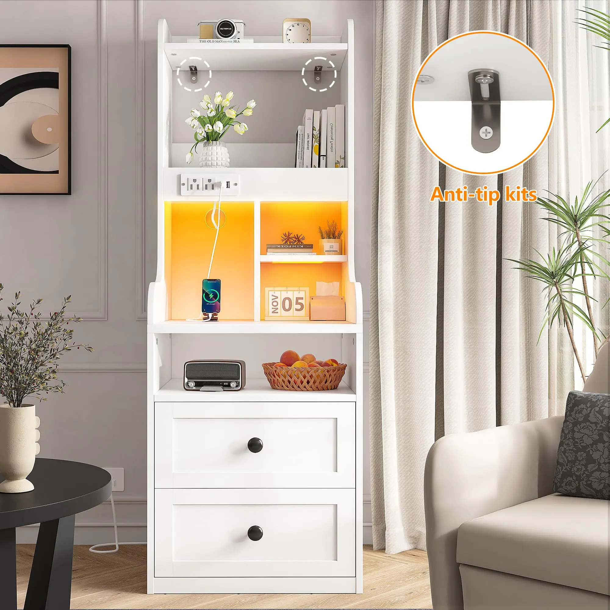 Raybee Furniture Tall Nightstand with Charging Station and LED Lights White Nightstand with 2 Drawers and Shelves Large LED Nightstand with USB Ports