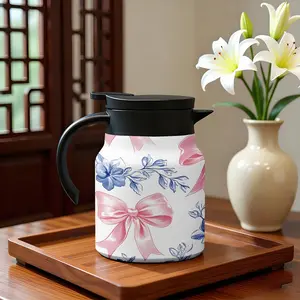 Double-Layer Insulated Coffee Pot with Filter, Blue Floral Bow Design, Stainless Steel Cup, Summer Winter Drinkware, Outdoor Travel Gift