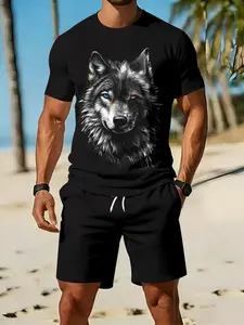 Men's 3D Digital Printed Two-Piece Set with Heterochromatic Lone Wolf Pattern, 2Pcs, Trendy Fashion Outfit, Retro Casual Two-Piece Suit, Vacation-Style Trendy Wear, Breathable Sports & Casual Style, an ideal festival gift for men