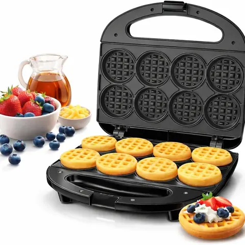 OSTBA Miniature Waffle Maker - 750W (600 to 799 W) Countertop Kitchen Appliance, 8+2 Slots for 8 Mini Round Waffles/8 Waffles, Non-Stick Plates, Fast Even Cooking Browning, Easy Clean, Compact Portable for Family Breakfast (Kids Included)