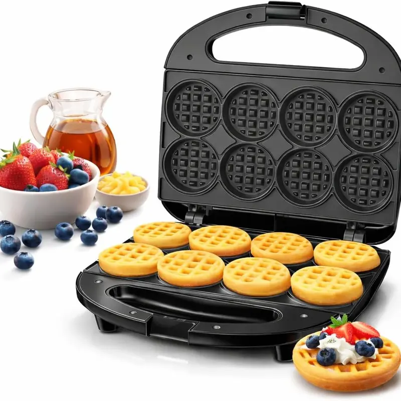 OSTBA Miniature Waffle Maker - 750W (600 to 799 W) Countertop Kitchen Appliance, 8+2 Slots for 8 Mini Round Waffles/8 Waffles, Non-Stick Plates, Fast Even Cooking Browning, Easy Clean, Compact Portable for Family Breakfast (Kids Included)