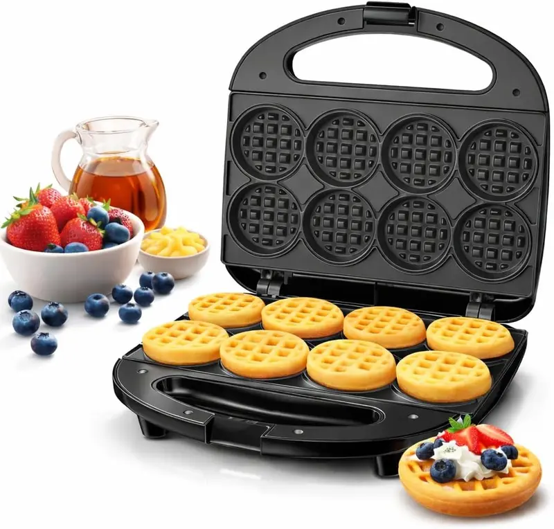 OSTBA Mini Waffle Maker: 750W Powerful Heating, Cooks 8 Waffles at Once, Fast & Even Cooking, Non-Stick & Easy Clean, Compact & Portable for Family Breakfast
