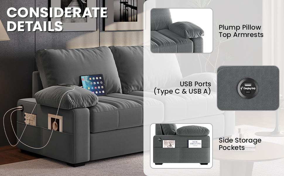 Yaheetech 2-Seater Velvet Sofa Couch with Pillow Top Arms, 79’’ W Upholstered Loveseat Sofa with USB Charging Ports and Storage Pockets Yaheetech 2-Seater Velvet Sofa Couch with Pillow Top Arms, 79’’ W Upholstered Loveseat Sofa with USB Charging Ports and Storage Pockets