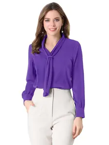 INSPIRE CHIC Fit Polyester Long Sleeve Blouses Chiffon Pleated Tie Neck Office Top Shirt