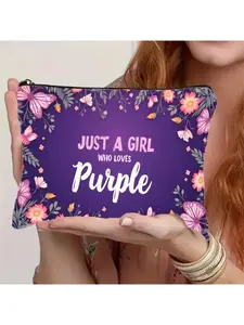 A 2D Flat Cosmetic Bag, Cosmetic Pouch, Featuring The Quote 'JUST A GIRL WHO LOVES for purple', Adorned with a Floral And Butterfly Design, Equipped with a Zipper Closure, Lightweight And Portable Toiletry Organizer Is Perfect for Women And Girls