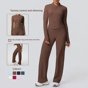 New solid color brushed breathable zip-up jacket and wide-leg yoga pants set, two-piece sports running fitness outfit