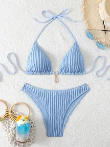 Women's Solid Color Two-Piece Self Tie Bikini Swimsuit, Plain Bikini Set, Stylish and Comfortable Beachwear for Summer, Perfect for Pool and Vacation