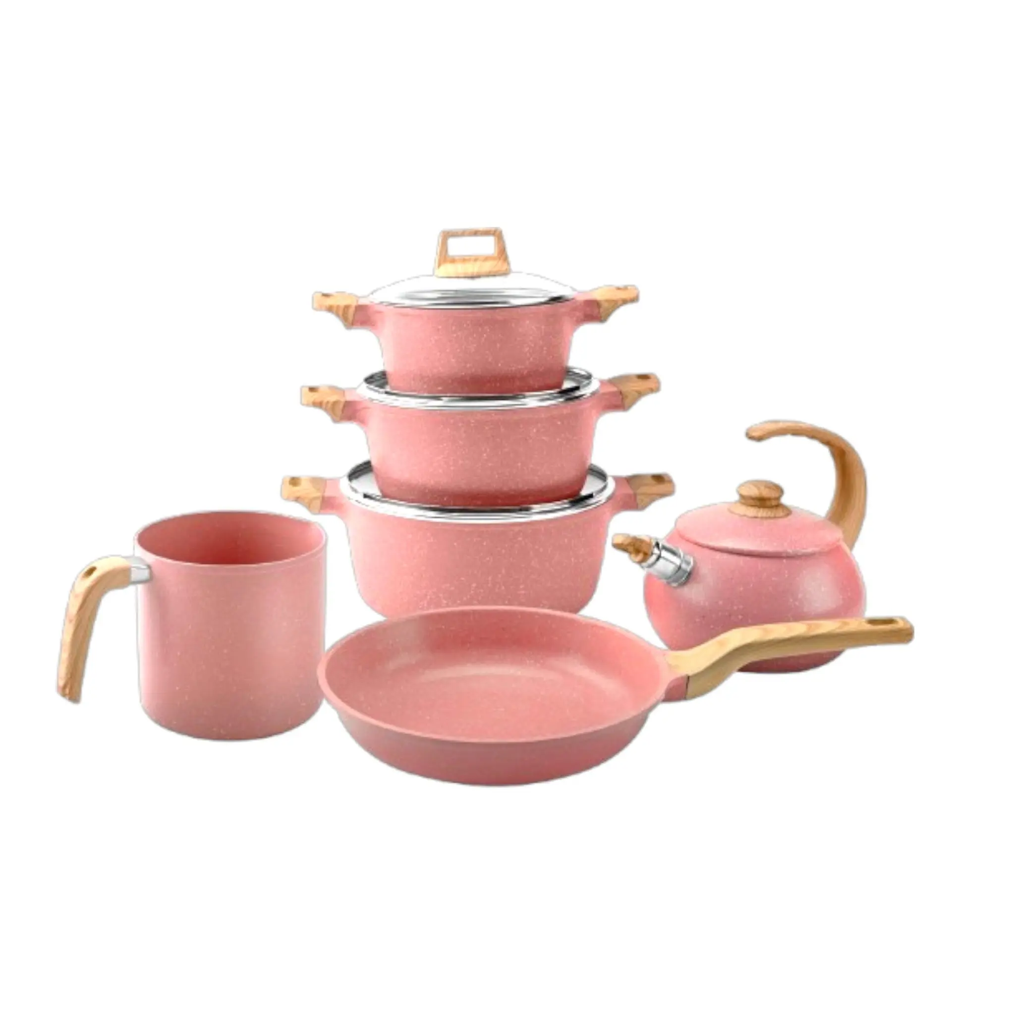 NEWARE 10pz Ceramic Marble Fresa Kitchen Set with Wooden Handles with Fresa Tea Kettle
