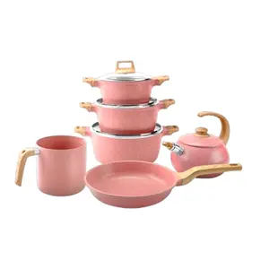 NEWARE 10pz Ceramic Marble Fresa Kitchen Set with Wooden Handles with Fresa Tea Kettle