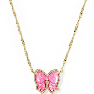 Haley Dark Pink Bow Necklace with Gold Chain and Mother of Pearl Detail New with Pouch