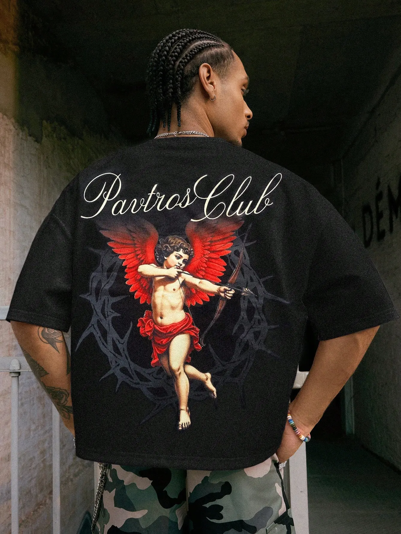 Vintage Gothic "Cupid, the God of Love" Theme T-Shirt - Black, vintage atmosphere  Dark oil painting texture + cursive English, comfortable and skin-friendly, versatile style. A perfect item for daily outings and music festival scenes.