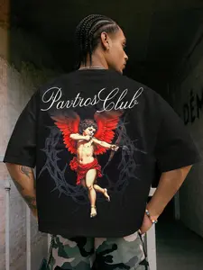 Vintage Gothic "Cupid, the God of Love" Theme T-Shirt - Black, vintage atmosphere  Dark oil painting texture + cursive English, comfortable and skin-friendly, versatile style. A perfect item for daily outings and music festival scenes.