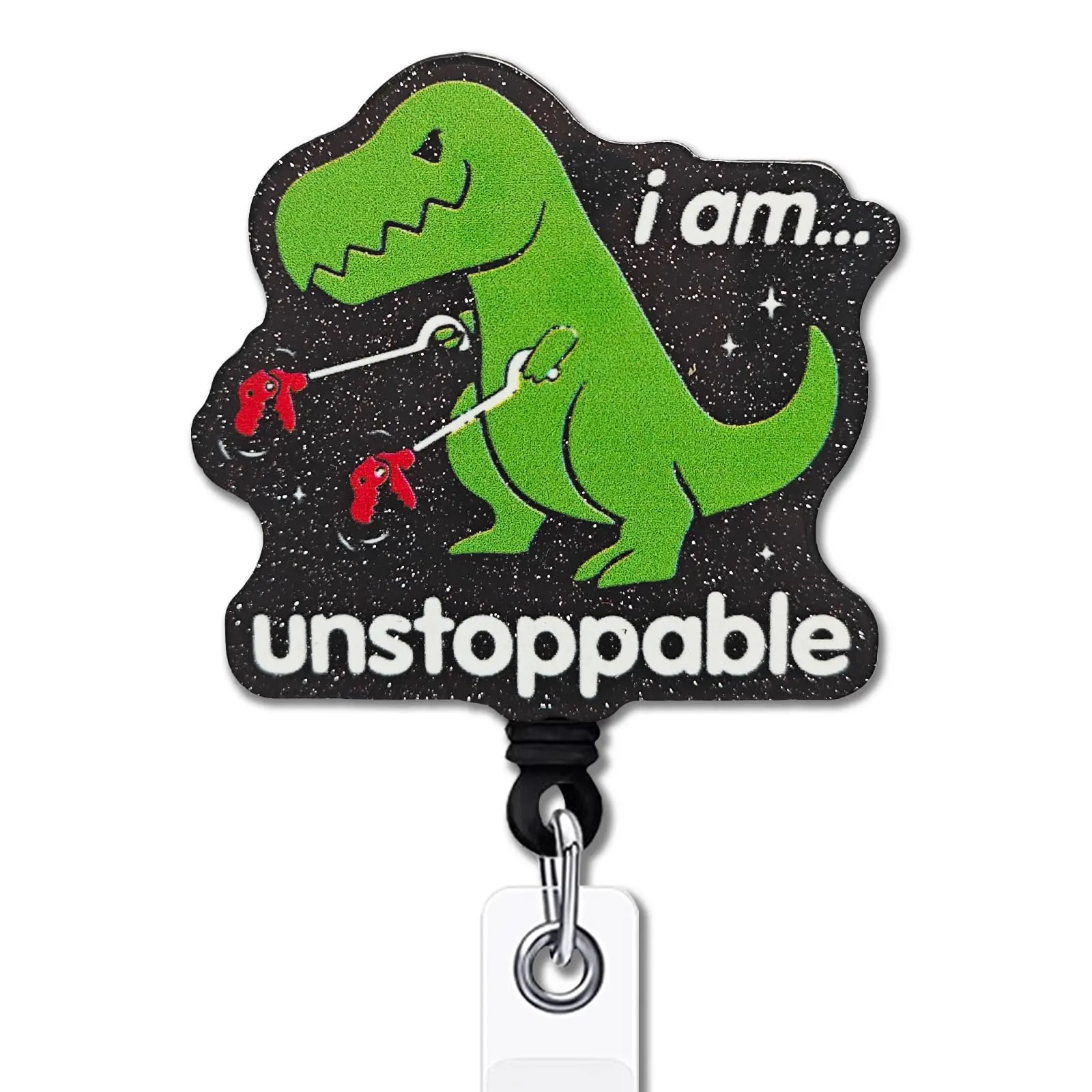 Inspirational Retractable Badge Reel with Alligator Clip I'm Unstoppable ID Card Badge Holder T-Rex Dinosaur Badge Funny Black Glitter Badge Reel Badge Reels Retractable Gift for Office Worker Nurse Doctor Teacher Office Supplies