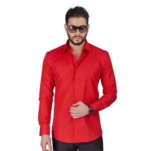 Slim Fit Men's Red Dress Shirt Solid Color Long Sleeves Spread Collar Fitted by AZAR