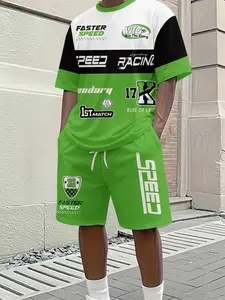 Cool Fashion Racing Print Short Sleeve Set, Sporty Set, 3D Digital Print, Summer Breathable Outdoor Sports Wear, Perfect Gift