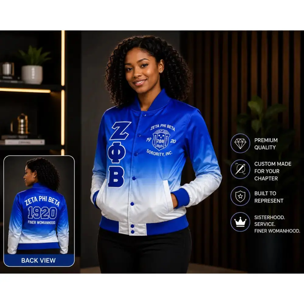 Zeta Phi Beta Faded Custom Embroidered Satin Bomber Jacket Blue White Ombré – Personalized