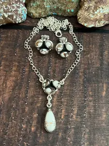 Handmade Sterling Silver Wild Horse Magnesite Necklace Earrings Set with Signed Nizhoni