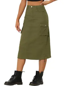 INSPIRE CHIC High Waisted Flap Pocket A-Line Cargo Jean Midi Skirt Army Green