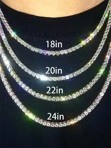 1pc Diamond Tennis Necklace, Rhinestone Decorated Jewelry, Unisex, Thick Bottom Edge Anti-Deformation, Suitable For Men & Women, Tennis & Cuban Link Chain, 18-24 Inches, Gift For Valentine's Day, Father's Day, Holidays, Party