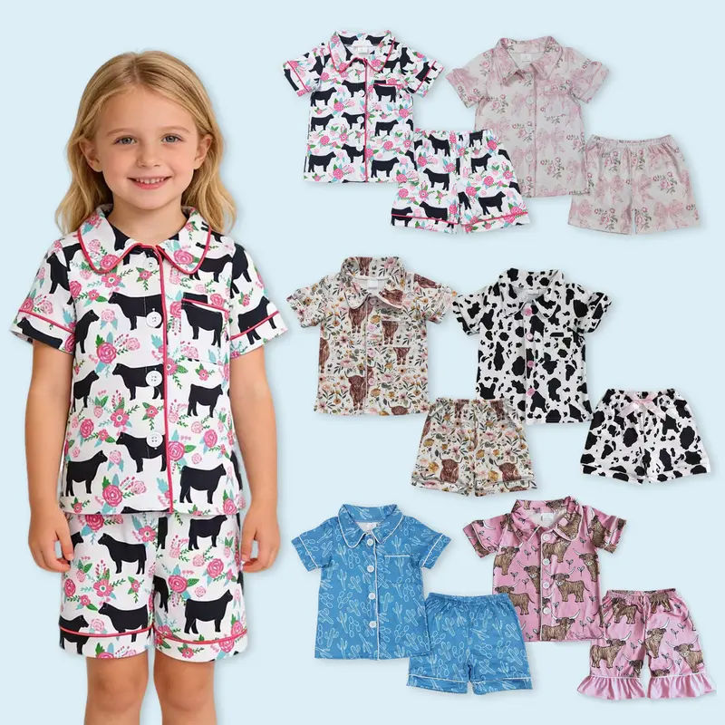Girls' Western Highland Cow Print 2-Piece Casual Sleepwear Set, Eco-Friendly Fashion Girly Pajama Sets with Short Sleeves, Casual Wear, Fashion Design, 4T, Child Size Pajama Sets