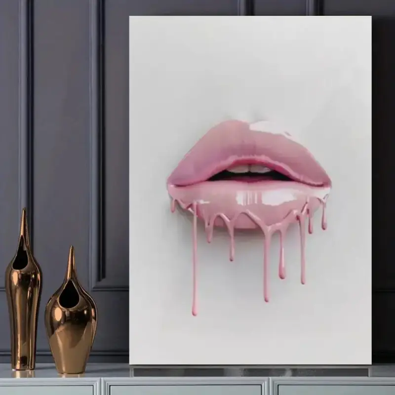 1 Piece Canvas Wall Art - Modern Minimalist Pink Lip Print Oil Painting with Hook, Soft Pink Lips and Water Drops, Decoration Suitable for Living Room, Bedroom, Office, Kitchen - Contemporary Home Decor for Halloween, Christmas, Housew,Santa