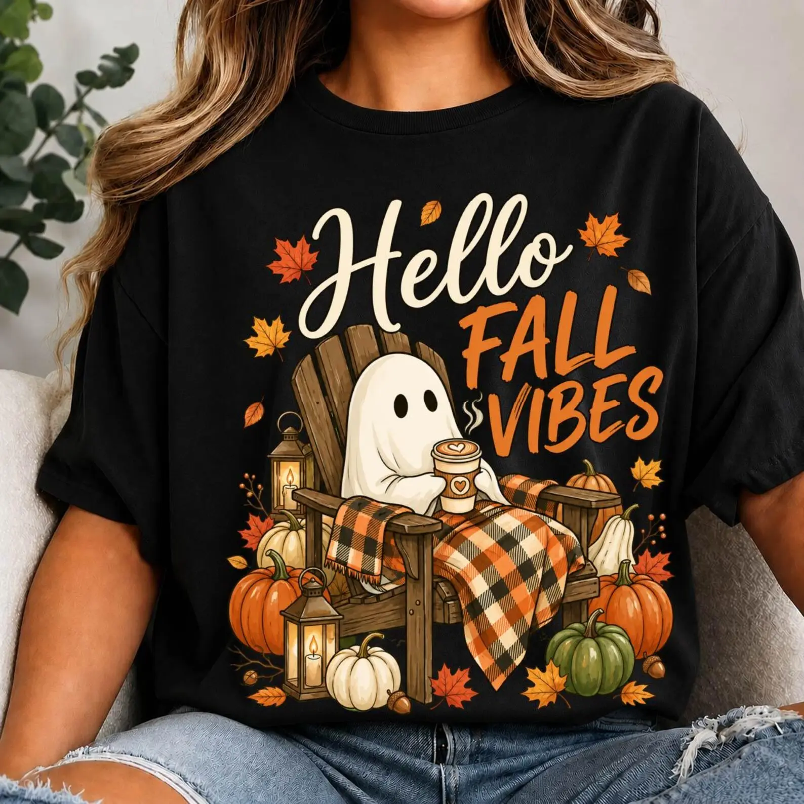Hello FALL VIBES, Cute Ghost Fall Shirt, Spooky Season Tee, Cozy Autumn Pumpkin Shirt, Halloween Ghost Gift for Women, Fall Coffee Lover