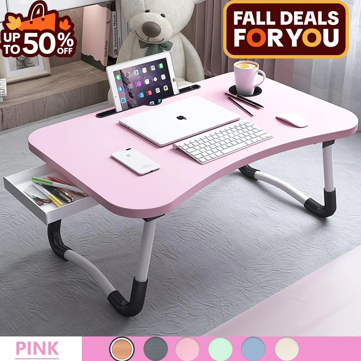 PHANCIR Foldable Lap Desk, 23.6 Inch Portable Wood Laptop Desk Table Workspace Organizer Bed Sofa Tray with Slots/Cup Holder/Drawer, Anti-Slip for Rea