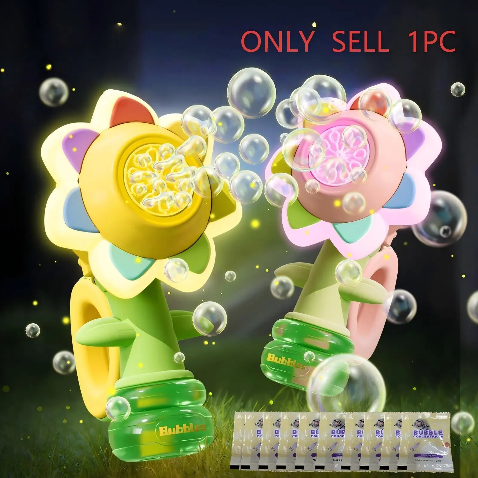 Rainbow Flower Bubble Machine for Kids, Rotating Head with Colorful Lights, Includes 10 Packs of Bubble Solution, Perfect for Outdoor Parties Ages 3-12