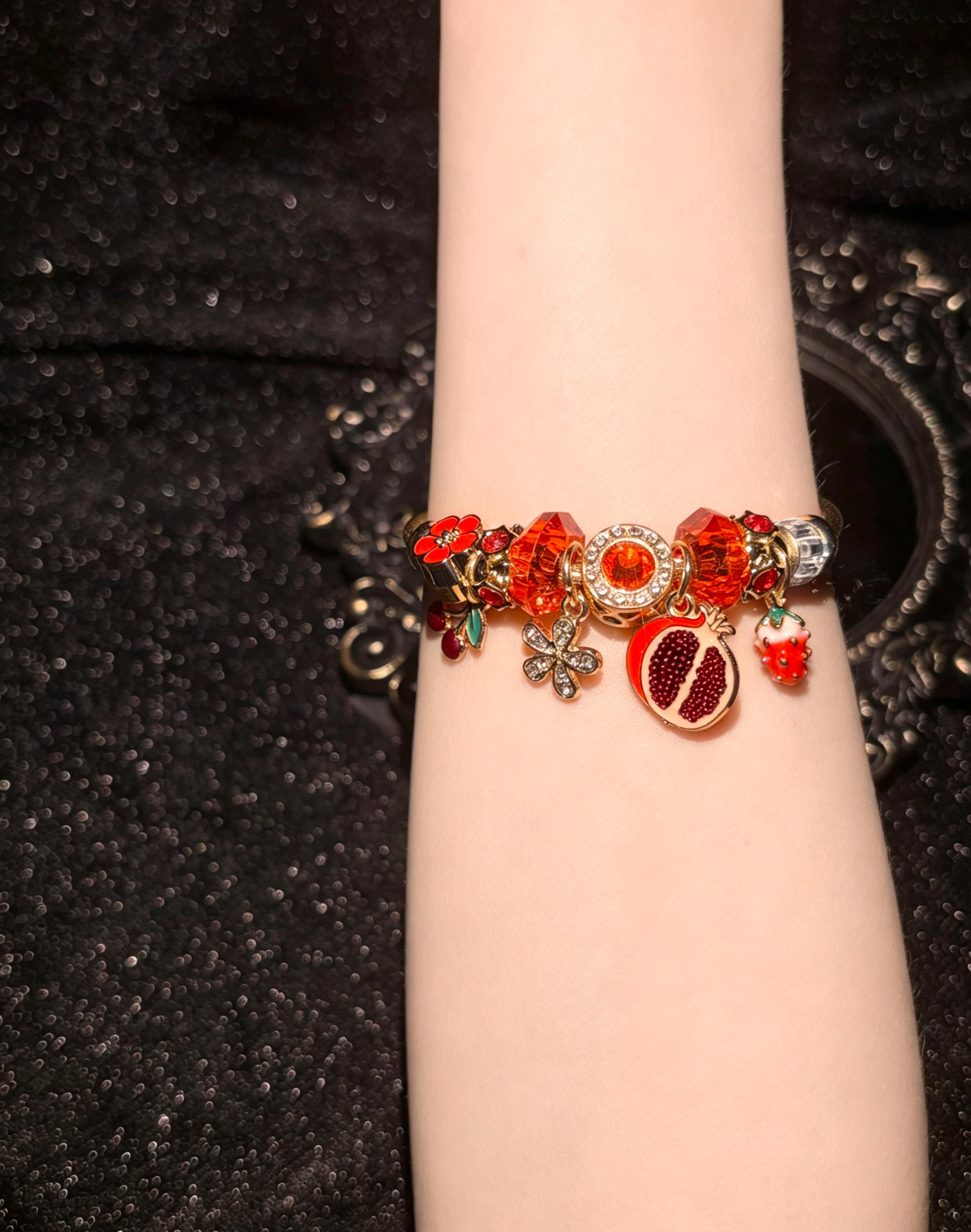 Women's Gold-Tone Wire Open Bangle Bracelet, Fruit-Themed Jewelry with Pomegranate, Strawberry, Cherry, Flower Enamel Charms, Elegant Stackable Gift
