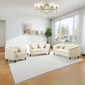 Grey Microfiber 3-Piece Couch Living Room Sofa Set - Soft Durable Plush Fabric 2 Armchairs 1 Sofa Neutral White Tone Sturdy Construction