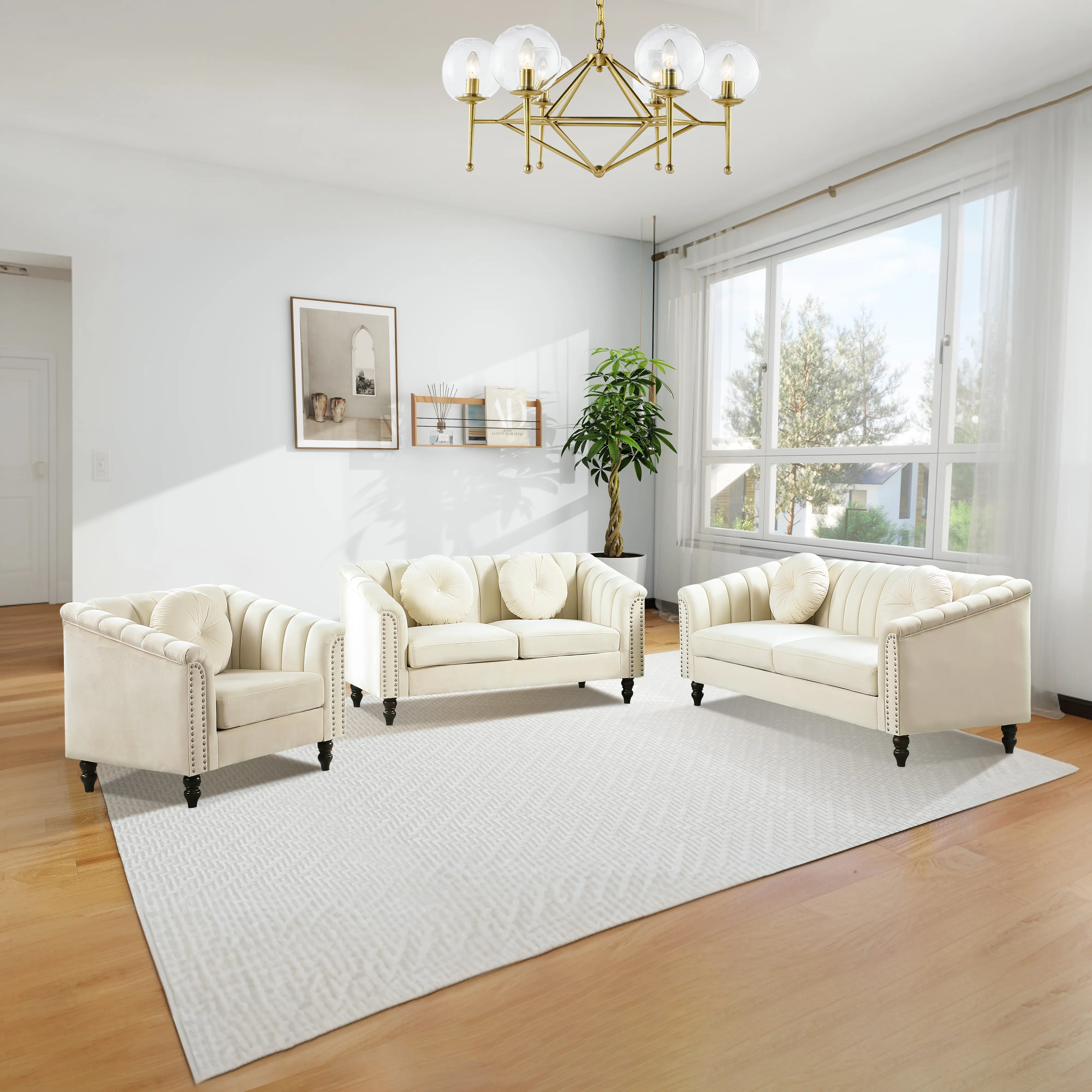 Summervibes 3-Piece Grey Microfiber Indoor Furniture Set - Modern Sofa, 2 Armchairs, Sturdy Construction, Stain-Resistant Soft Plush Fabric, Neutral White Tone, Cozy Living Room Seating, Living Room Decor