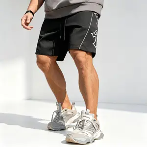 Men's Street Style Athletic Shorts with Criss Cross Print, Casual Loose Fit, Reflective Stripes, and an Adjustable Drawstring