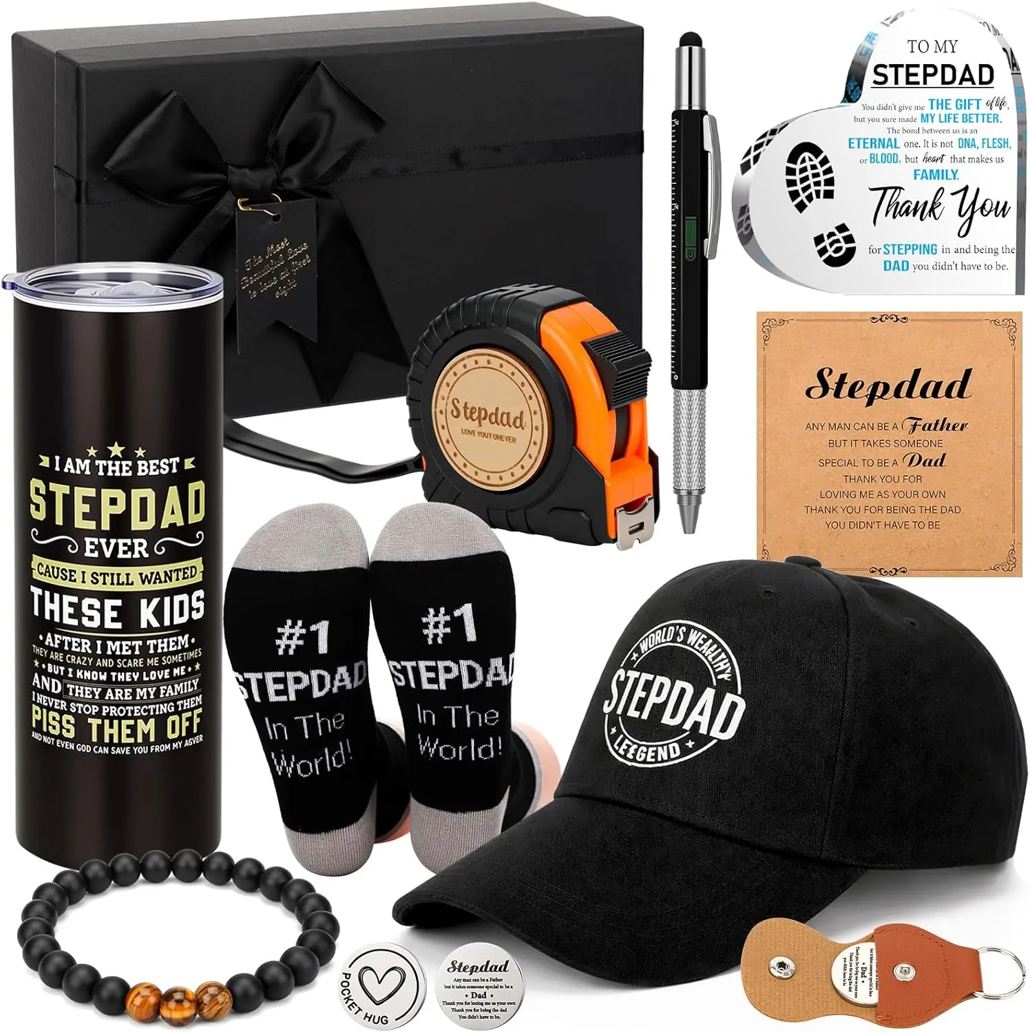 Halloween Fall Gift Father Day Gift 9 Pcs Stepdad Gifts for Men Father's Day Best Dad Ever Gift with 20 oz Socks Cap Tape Measure Bracelet Acrylic Medal Pocket Hug Token Pen Gift Box Birthday Present