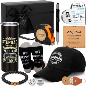 Father Day Gift 9 Pcs Stepdad Gifts for Men Father's Day Best Dad Ever Gift with 20 oz Socks Cap Tape Measure Bracelet Acrylic Medal Pocket Hug Token Pen Gift Box Birthday Present