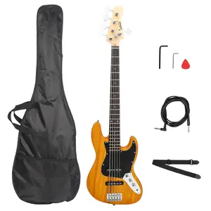 Gjazz 5 String Electric Bass Guitar – Full Size, Transparent Yellow with Complete Accessories Rosewood Rock Pop Pickups