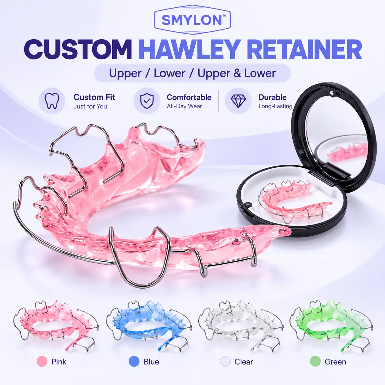 SMYLON Custom Hawley Retainers for Teeth, Upper & Lower Acrylic Wire Retainer Set with At-Home Impression Kit for Adults,Orthodontic Accessories