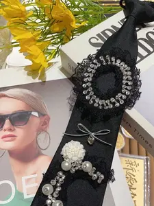 Shiny Polyester Fiber Tie, Cool Design, Unisex French Social Elite Style, High-End Pearl Lace Tie, Unique Design, Sparkle Accents, Party & Formal Wear, Lace Trim Tie