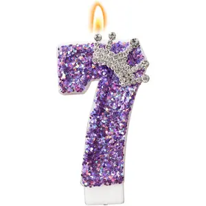 Birthday Number Candles,Purple Crown Birthday Candles for Cake,Glitter Number 7 Candle Cake Topper with Sequins for Anniversary Celebrations Supplies (Number 7)