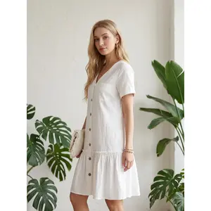 Women's Button Down Dress Loose Summer Cotton Linen Dress Ruffle Hem Casual Dress Short Sleeve Tunic Dress