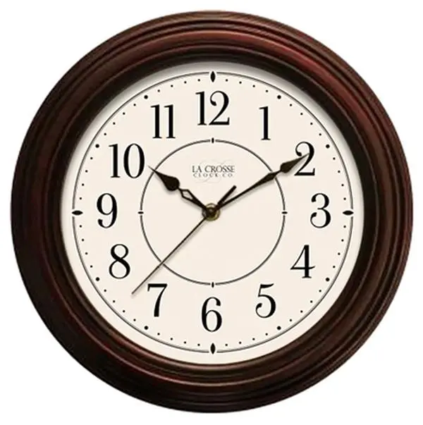 La Crosse 404-2630W 12 in. Round Dark Frame Classic Faux Wooden Analog Wall Clock - Accurate, Battery-Powered Wall Clocks for Living Room, Home Supply Decor