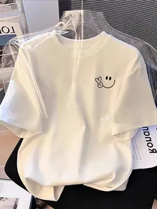 Y2K Sweet Girl Heart Smile Emoji Print Short Sleeve T-Shirt, Loose Fit Casual Top, Soft Cotton Fabric, Spring & Fall Fashion