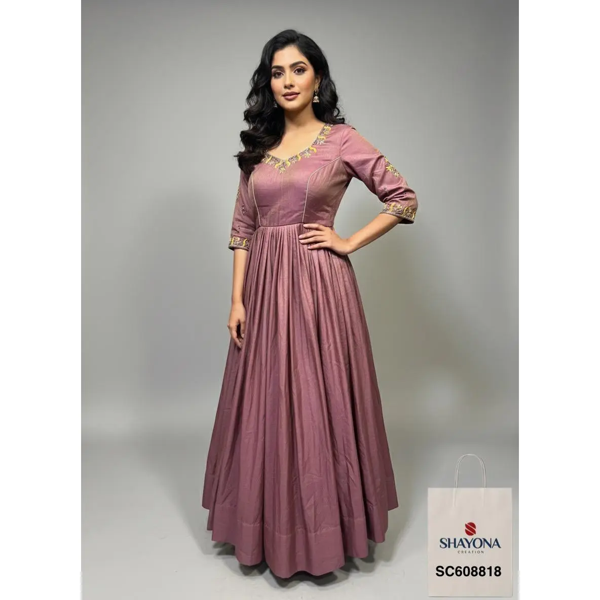 Designer Georgette Tissue Handwork Long Gown – Onion Pink (Size 38–46)