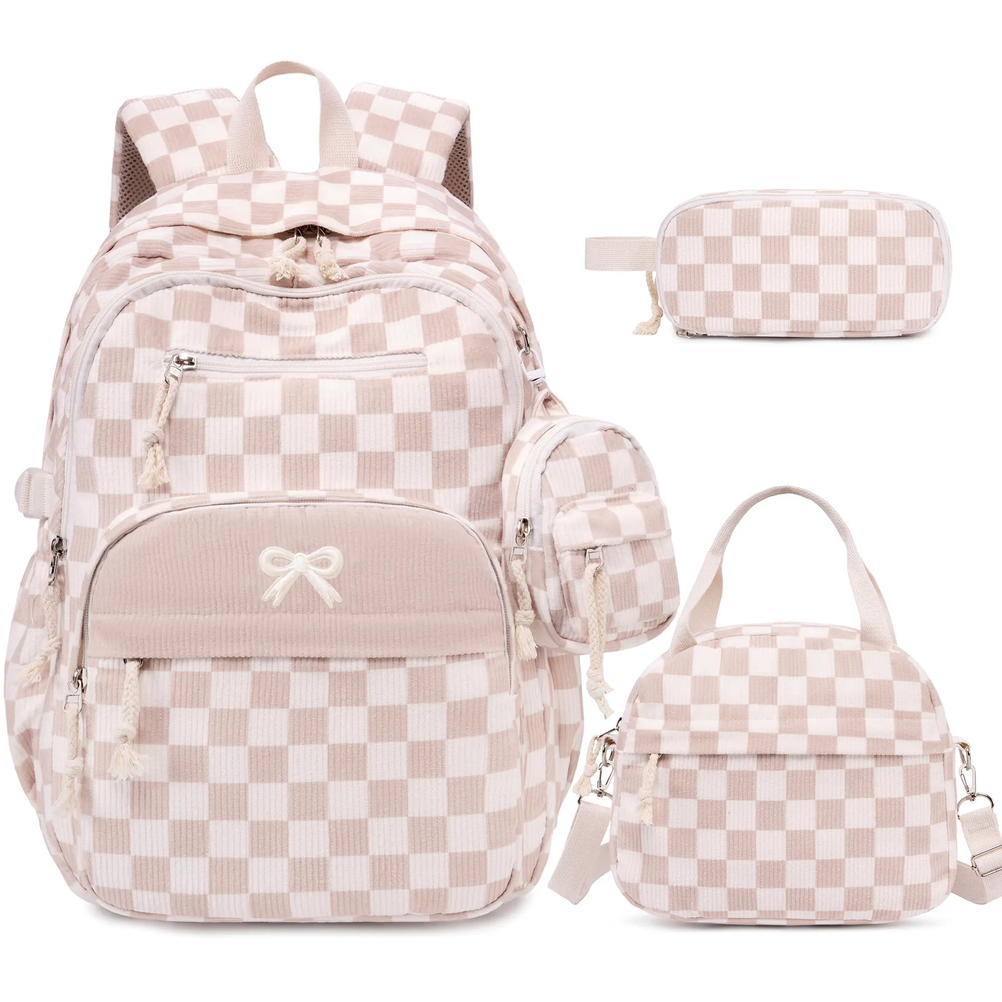 Similove 3PCS Corduroy Backpack Bundle Set with Lunch Box & Pencil Pouch, School bag for Elementary Middle School,Back to School Gift,Birthday's Gift