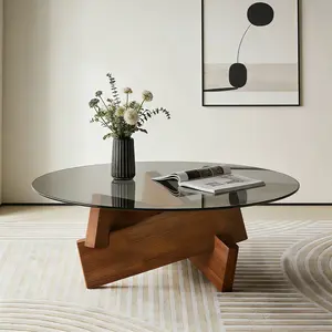 Modern Round Coffee Table for Living Room 27.5 x 27.5 x 12.2 Mid Century Center Table with Tempered Glass Top and Walnut Wood Base