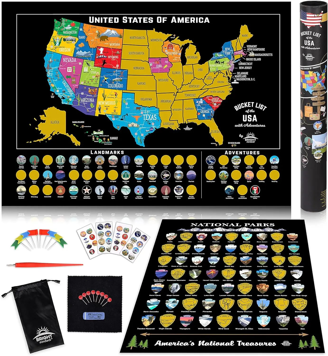 Scratch Off USA & 63 National Parks Bundle - 24x17 US Map, 12x16 NP Poster (Black/Gold), Giftable Travel Tracker Kit with Scratch Pen, Cloth (Office & Educational Curriculum Resource)