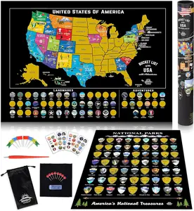 Scratch Off USA & 63 National Parks Bundle - 24x17 US Map, 12x16 NP Poster (Black/Gold), Giftable Travel Tracker Kit with Scratch Pen, Cloth (Office & Educational Curriculum Resource)