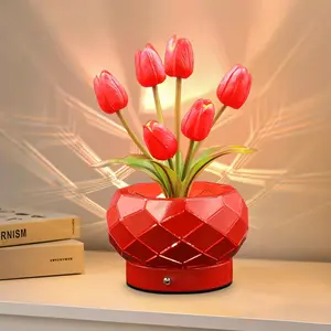 Birthday Gifts for Women,Red Tulips Flower Home Decor Touch Table Lamp,3-Colour Dimming Rechargeable Cordless Small Night Light for Festival Housewarming Gifts for Mom