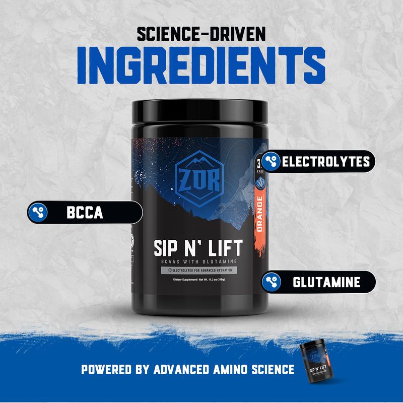 Zor Labs Sip N' Lift BCAA Powder with Glutamine & Electrolytes - Amino Acids Supplement for Intra Workout Hydration & Post Workout Recovery - Branched Chain Amino Acids (BCAAs)